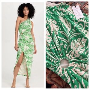 NWT Revolve Saylor Kaegan dress green print one shoulder rouched ring gather M